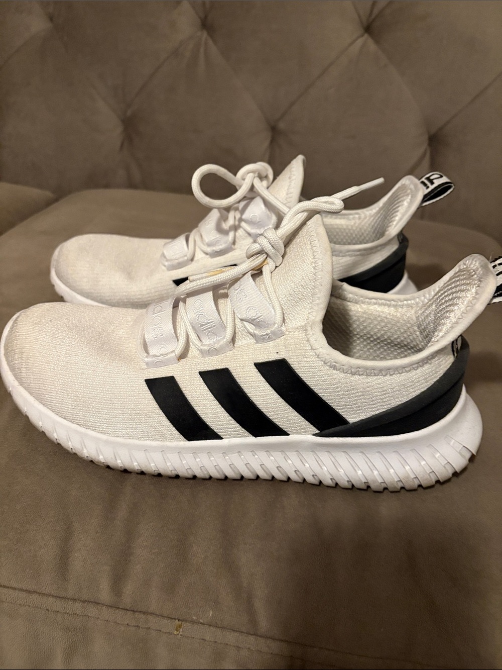 adidas Mens White Athletic Sneakers with Black Stripes